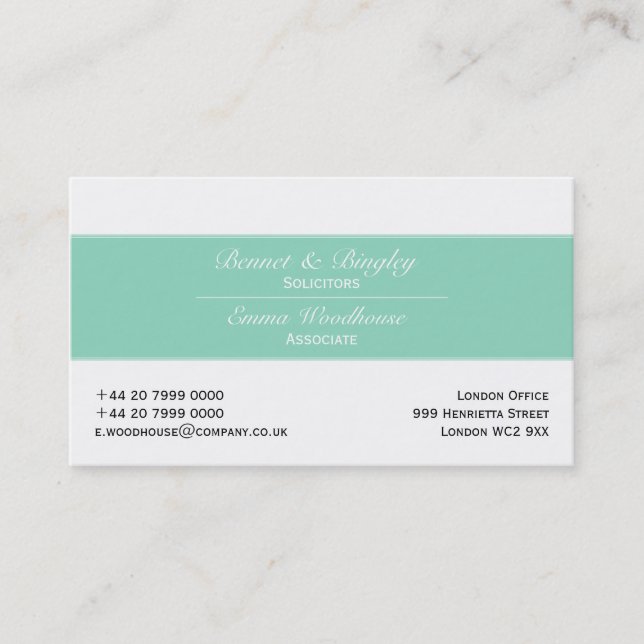 Classic Elegance Aqua & White Business Card (Front)