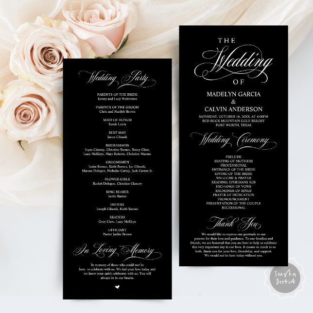 Classic Elegance Black Script Wedding Ceremony Program (Wedding Ceremony Program Card, in Classic Elegance Classy Delicate Black and white themed )