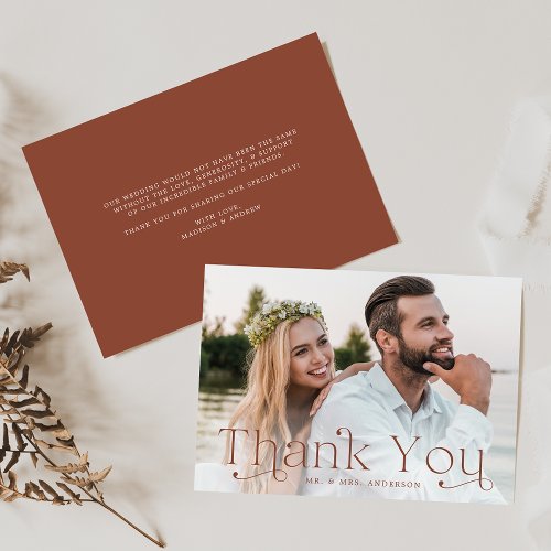 Classic Elegance Brown Clay Photo Wedding Thank You Card