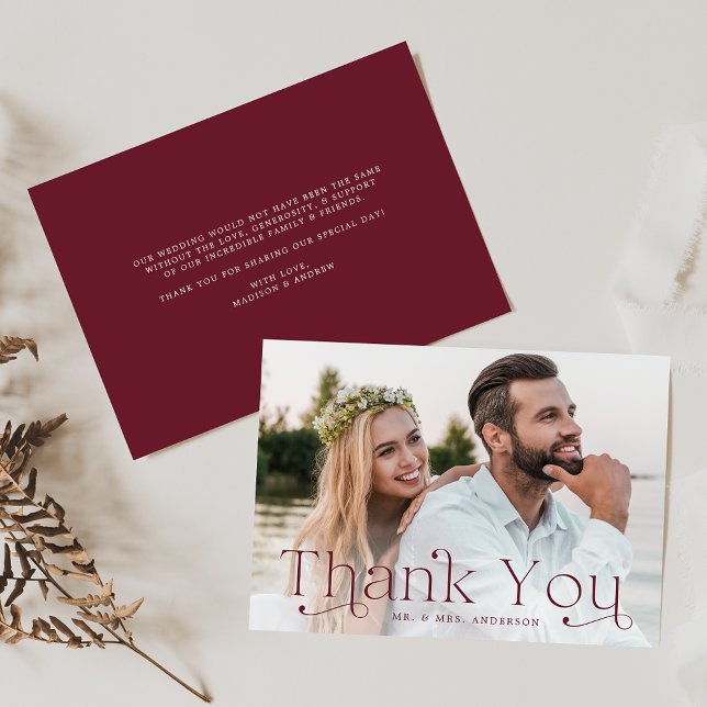 Classic Elegance Burgundy Photo Wedding Thank You Card (Creator Uploaded)