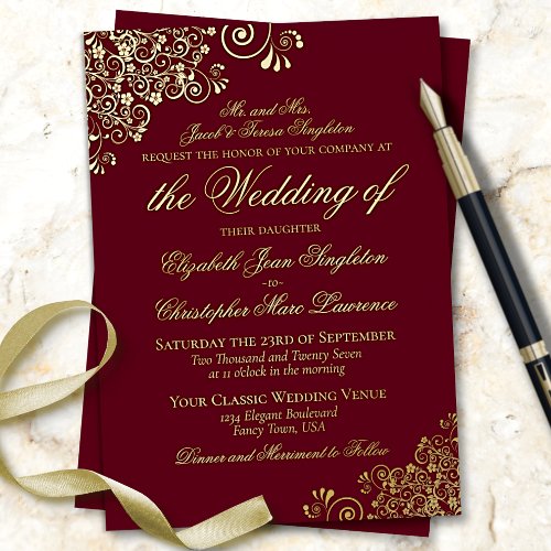Classic Elegance Burgundy Red Formal Wedding Gold Foil Invitation