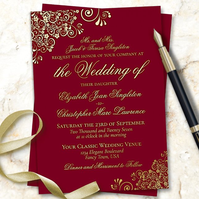 Classic Elegance Burgundy Red Formal Wedding Gold Foil Invitation (Creator Uploaded)