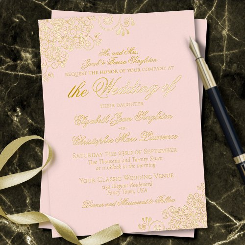 Classic Elegance Gold on Blush Pink Formal Wedding Foil Invitation
