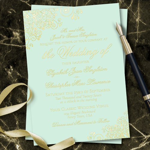 Classic Elegance Gold on Mint Green Formal Wedding Foil Invitation