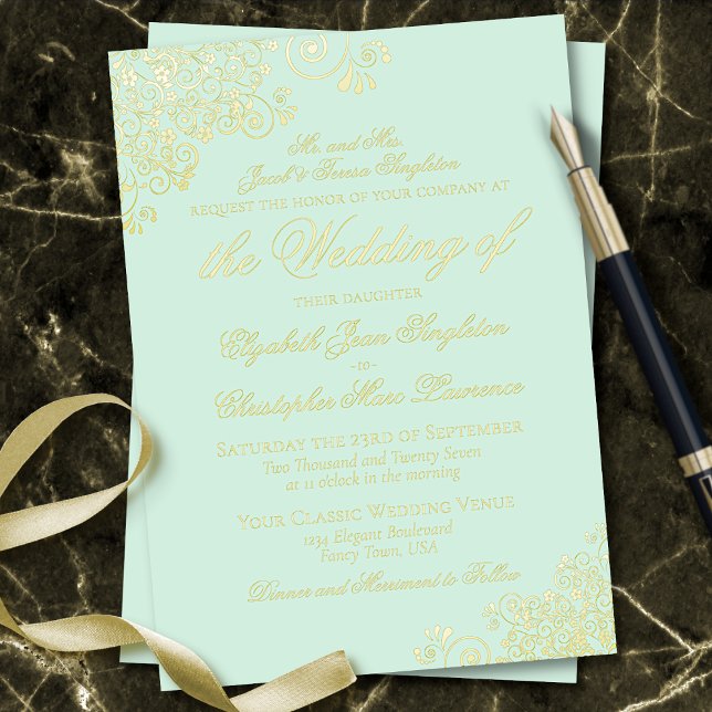 Classic Elegance Gold on Mint Green Formal Wedding Foil Invitation (Creator Uploaded)