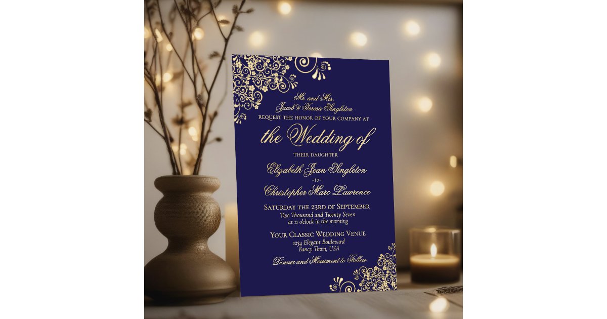 Classic Elegance Gold on Navy Blue Formal Wedding Foil Invitation | Zazzle