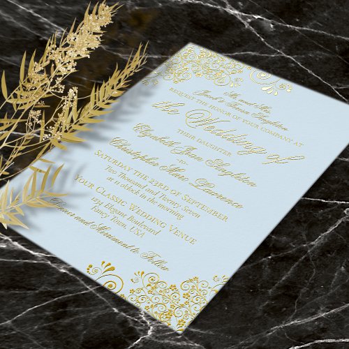 Classic Elegance Gold  Powder Blue Formal Wedding Foil Invitation
