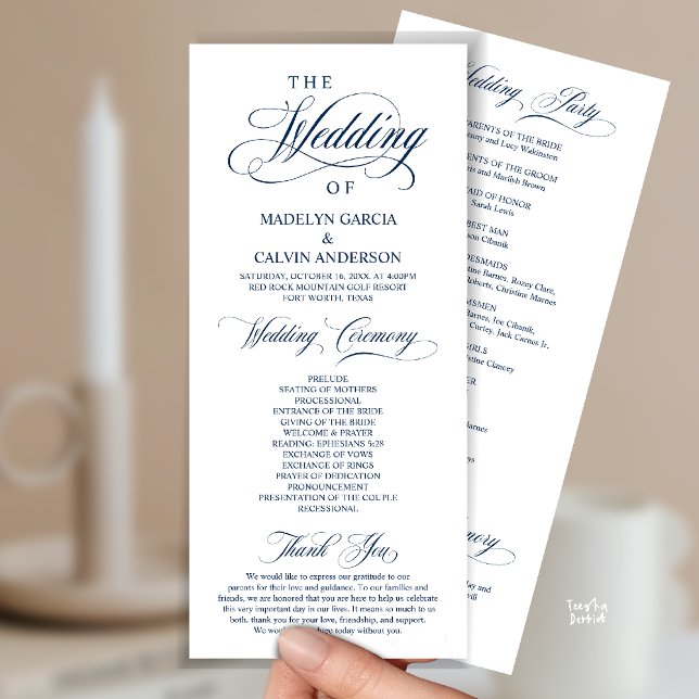 Classic Elegance Gold Script, Wedding Ceremony Program (Classic Elegance, Wedding Ceremony Program, Ceremony and Thank you in Classy Navy Blue)