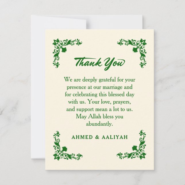 Classic Elegance Ivory & Emerald Floral Wedding Thank You Card (Front)