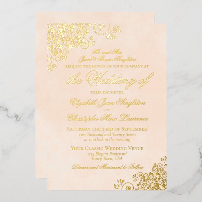 Classic Elegance Marbled Peach Formal Wedding Gold Foil Invitation (Front/Back)
