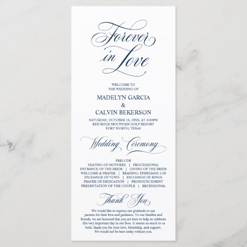 Classic Elegance Navy Blue Script Wedding Ceremony Program