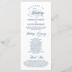 Classic Elegance Navy Blue Script Wedding Ceremony Program