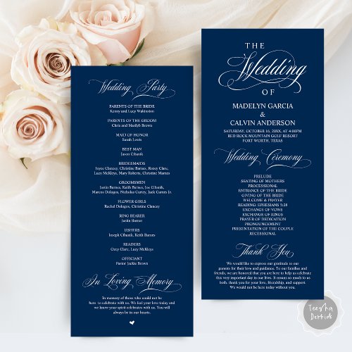 Classic Elegance Navy Blue Script Wedding Ceremony Program