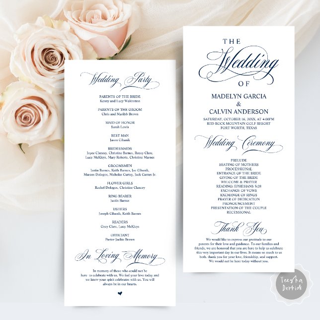 Classic Elegance Navy Blue Script Wedding Ceremony Program (Wedding Ceremony Program Card, in Classic Elegance Classy Navy Blue themed )