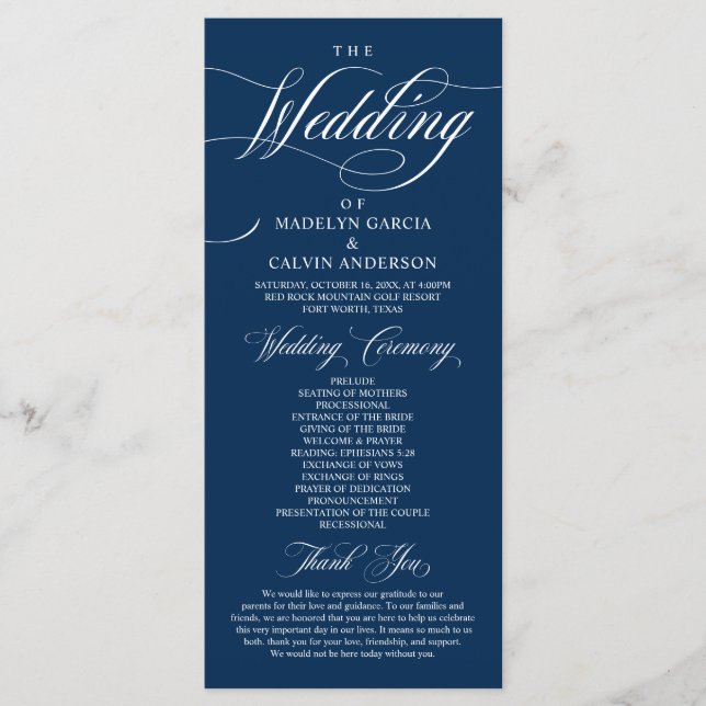 Classic Elegance Navy Blue, Wedding Ceremony  Prog Program (Front)