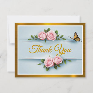 Classic Elegance Pink Roses, butterfly Thank You Note Card