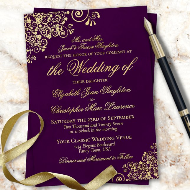 Classic Elegance Plum Purple Formal Wedding Gold Foil Invitation (Creator Uploaded)