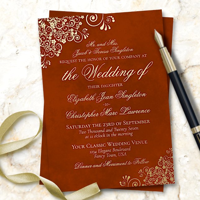 Classic Elegance Rust Orange Formal Wedding Gold Foil Invitation (Creator Uploaded)