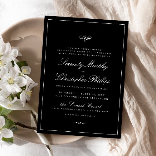 Classic Elegance Script Black And White Wedding Invitation