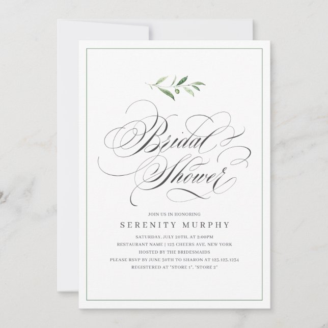 Classic Elegance Script Greenery Bridal Shower Invitation (Front)