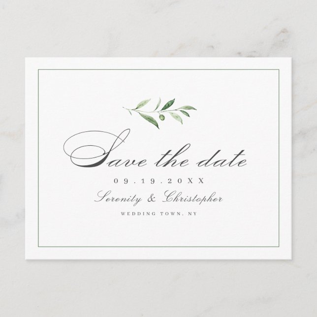 Classic Elegance Script Greenery save the date Ann Announcement Postcard (Front)