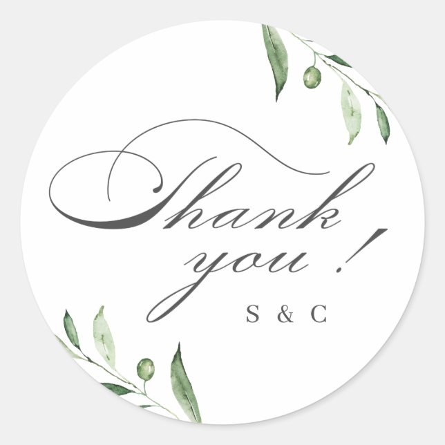 Classic Elegance Script Greenery Thank You Round Sticker (Front)