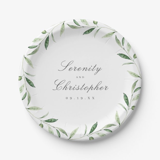Classic Elegance Script Greenery wedding Paper Plates (Front)
