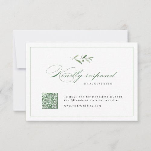 Classic Elegance Script Greenery wedding QR code  RSVP Card