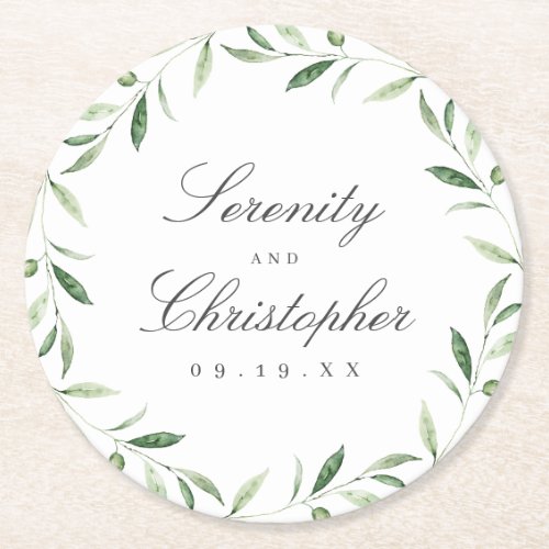 Classic Elegance Script Greenery Wedding Round Paper Coaster