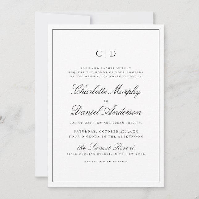 Classic Elegance Script Minimal Monogram Wedding Invitation (Front)