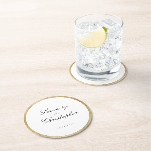 Classic Elegance Script Minimalist Wedding Round Paper Coaster