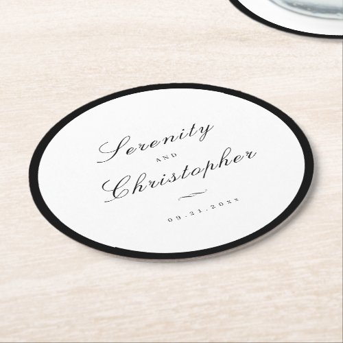 Classic Elegance Script Minimalist Wedding Round Paper Coaster