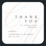 Classic Elegance Script monogram wedding favors Square Sticker<br><div class="desc">Modern classic minimalist thank you wedding favor stickers feature elegant calligraphy couple monogram and timeless serif font event details in color editable beige,  black and white,  simple and sophisticated,  Great for formal vintage wedding,  romantic traditional wedding,  modern classic wedding in all seasons. 
See all the matching pieces in collection.</div>