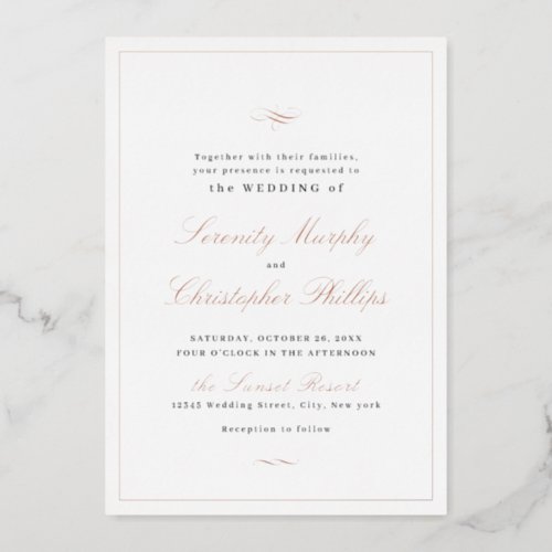 Classic Elegance Script Rose Gold Simple Wedding F Foil Invitation