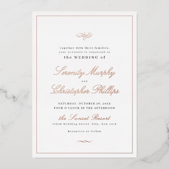 Classic Elegance Script Rose Gold Simple Wedding F Foil Invitation (Front)