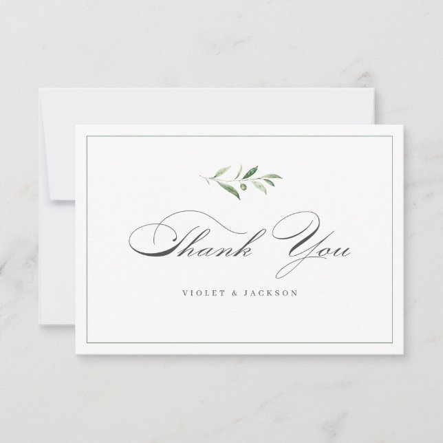 Classic Elegance Script Simple Greenery Thank You  Card (Front)