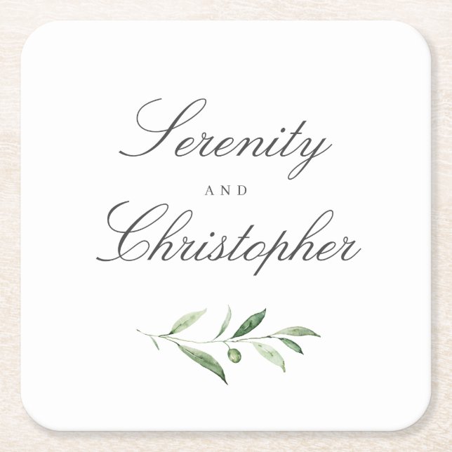 Classic Elegance Script Simple Greenery Wedding Square Paper Coaster (Front)