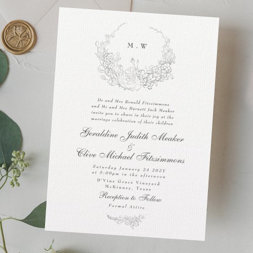 Classic Elegance  Subtle Wreath Monogram Wedding Invitation