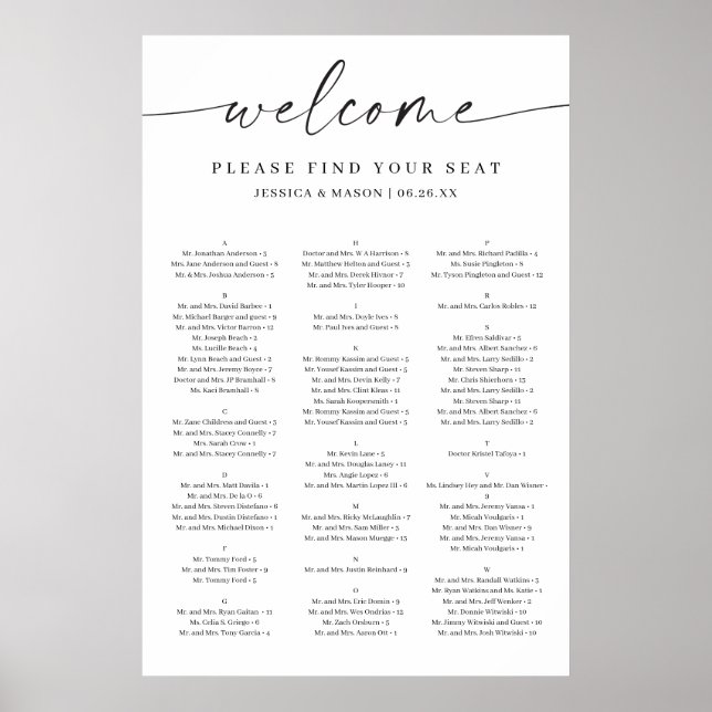 Classic Elegance Wedding Seating Chart Poster (Front)