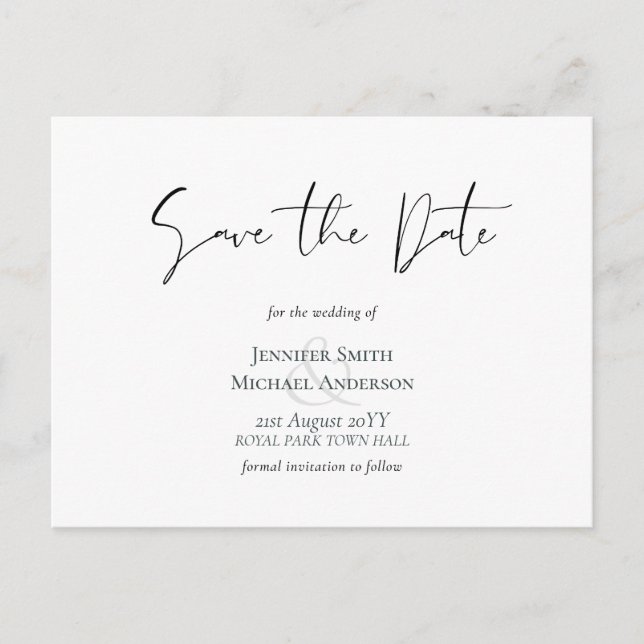 Classic Elegance White Script Save the Date Budget Postcard (Front)