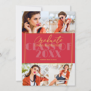 Classic Elegant 4 Photo Collage Red Graduation Announcement