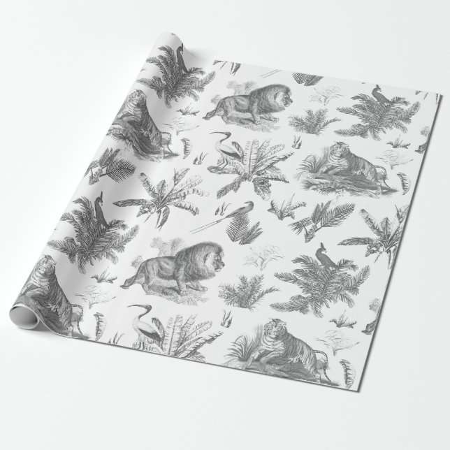 Classic Elegant Animals in Wilderness Gray Toile  Wrapping Paper (Unrolled)