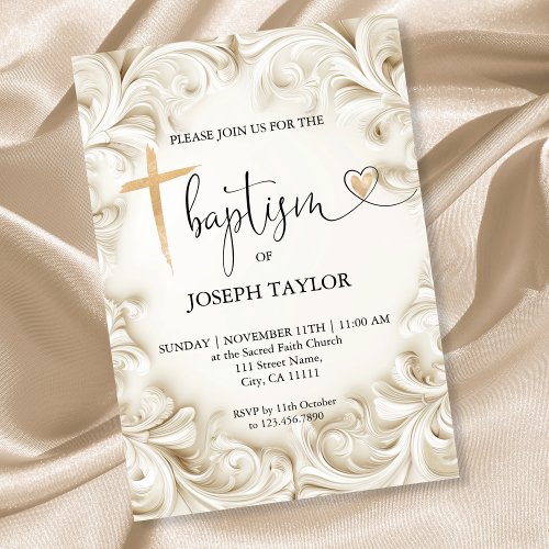 Classic Elegant Baptism Gold Cross Christening Invitation