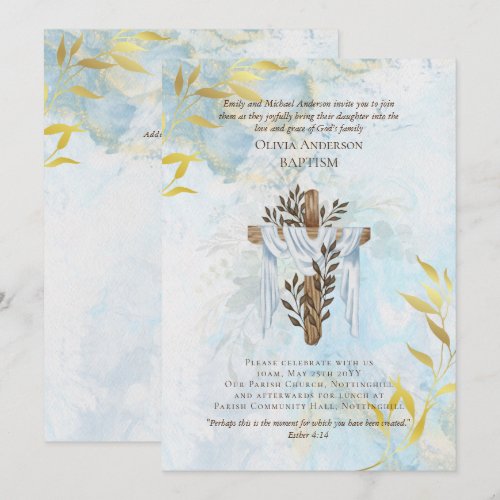Classic Elegant BAPTISM Invite Aqua Blue Gold