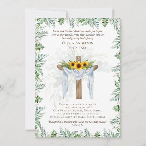 Classic Elegant BAPTISM Invite Greenery Sunflowers