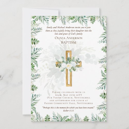 Classic Elegant BAPTISM Invite White Roses Gold 