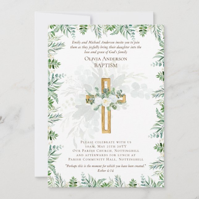 Classic Elegant BAPTISM Invite White Roses Gold  (Front)