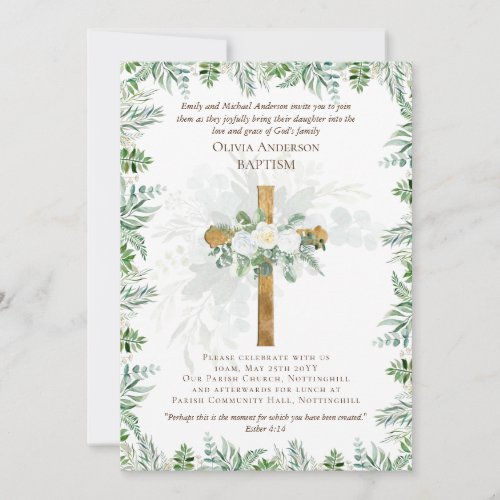 Classic Elegant BAPTISM Invite White Roses Gold 