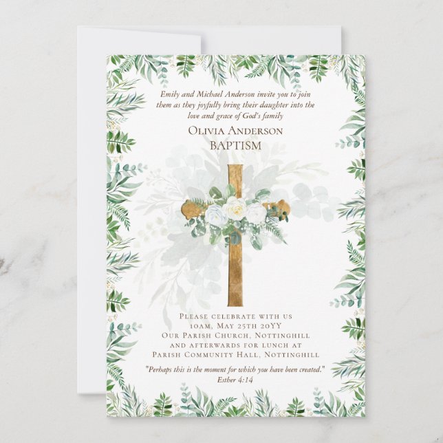 Classic Elegant BAPTISM Invite White Roses Gold  (Front)