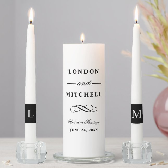 Classic Elegant Black and White Wedding Monogram Unity Candle Set (In Situ)
